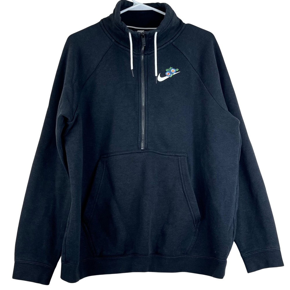 Nike Floral Swoosh 1/4 Zip Pullover Sweatshirt Mens XL Black BQ8846-010 Fleece